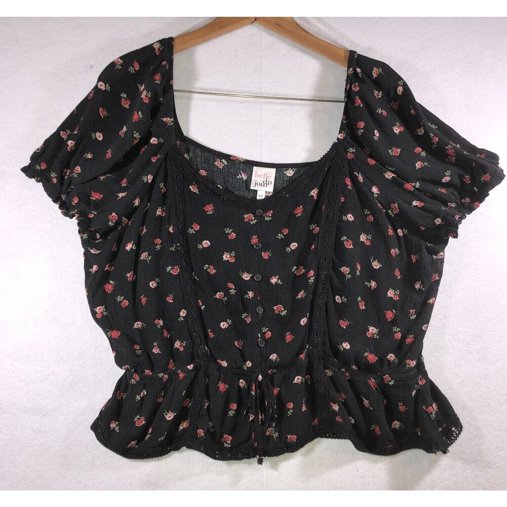 Belle du Jour Top Crop Floral Black Short Puff Sleeve Womens Size XXL